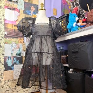 Forever 21 Black Sheer Puff Sleeve Babydoll Dress